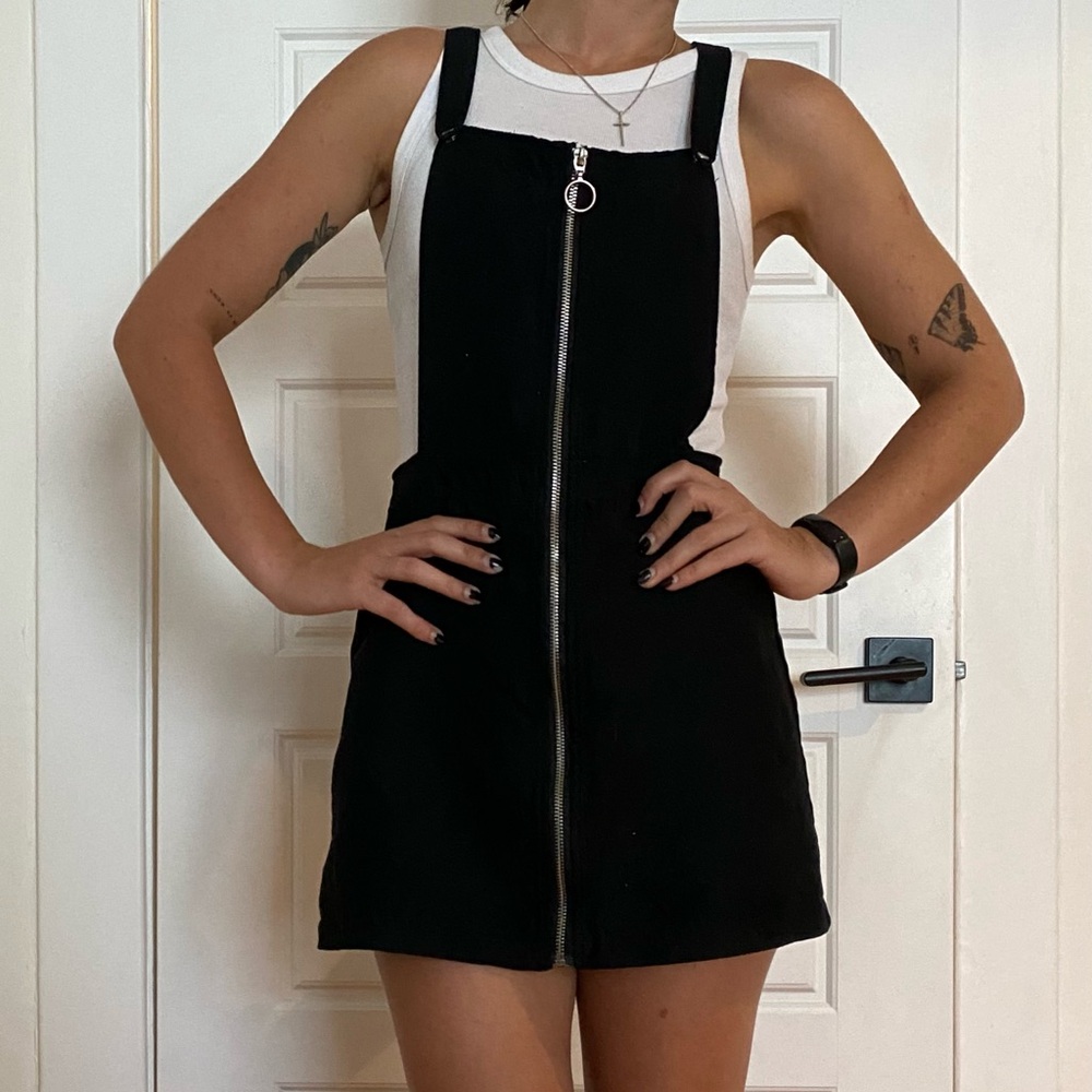 H&M Indie Sleaze Black Dress with O-Ring Zipper; Faux Suede Overalls Dress